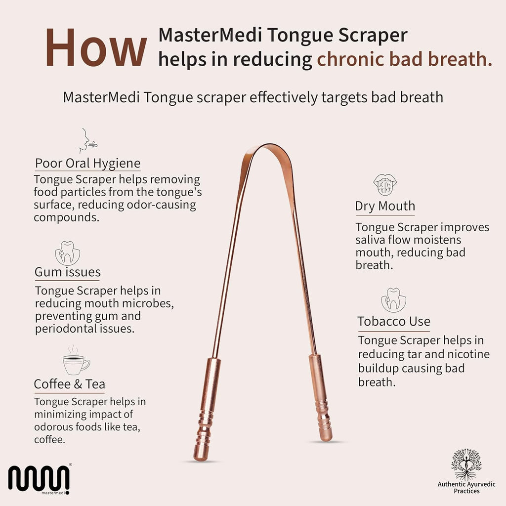 MasterMedi Pure Copper Tongue Scraper for Adults, Tongue Scrubber for Bad Breath, Easy to Use, Tongue Cleaner for Oral Care & Hygiene (Copper Pack of 3)