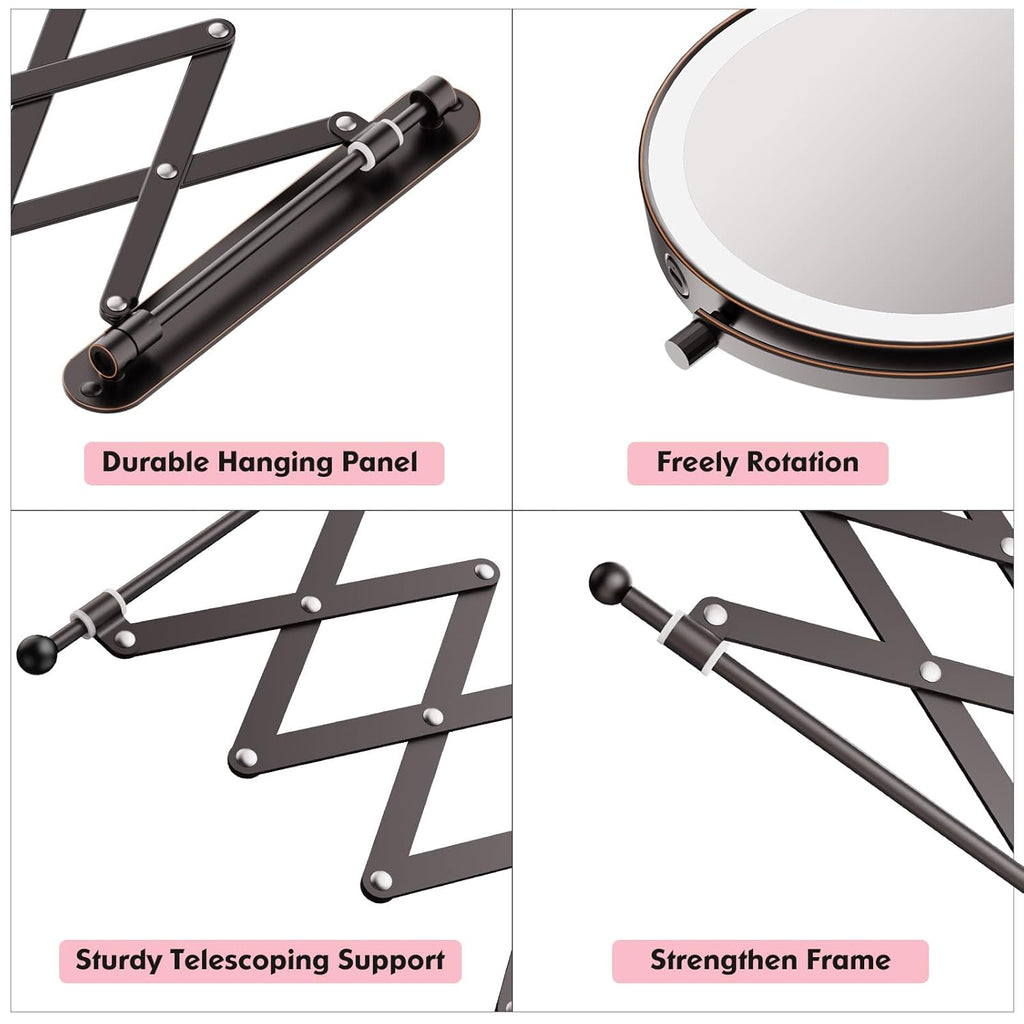 Rechargeable Wall Mounted Makeup Mirror - 8 Inch Double Sided 1X/10X Magnifying Mirror with 3 Color Lights Dimmable Touch Screen, 360°Swivel 19.6 Inch Extendable Accordion Bathroom Mirror