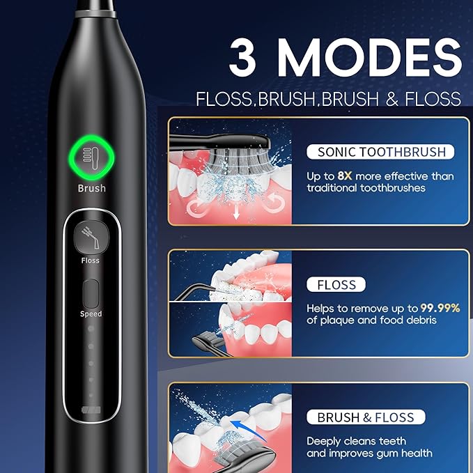 Electric Toothbrush with Water Flosser, 3 Sonic Modes, 5 Flossing Speeds with 3 Brushes + 1 Nozzle, Portable Flossing Toothbrush Combo for Adults Teeth Cleaning Kit for Plaque Removal,Black