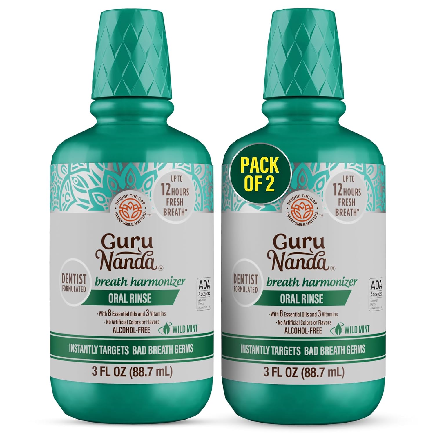GuruNanda Fresh Breath Mouthwash, ADA-Accepted, Alcohol & Fluoride-Free, Sodium Chlorite, Essential Oils & Vitamins, 12-Hrs Fresh Breath, Wild Mint, 3 oz (Pack of 2)