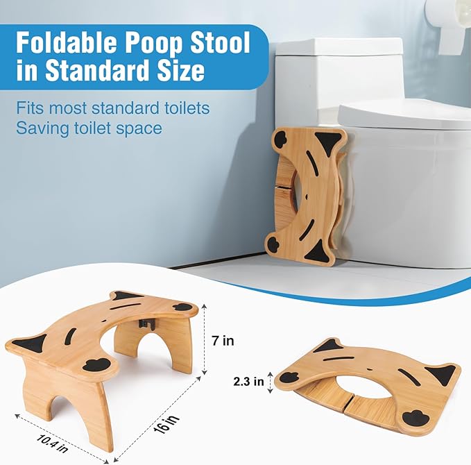 Bamboo Toilet Stool for Bathroom, 7 Inches Foldable Poop Stool with Non-Slip Pads