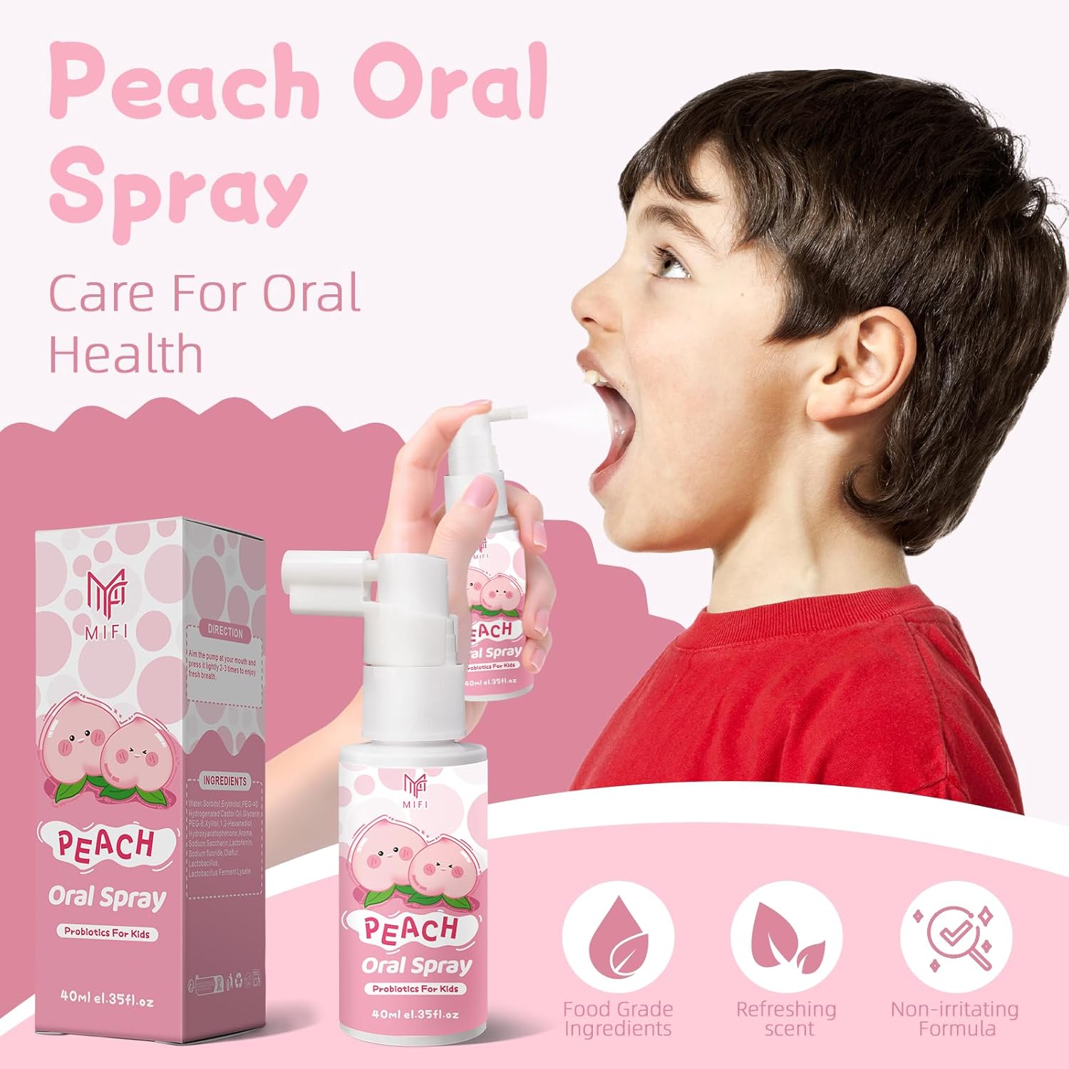Kids Oral Spray, Toddler Toothpaste Helper for Daily Oral Care and Fresh Breath,Fruit-Flavored, Portable, Probiotic Oral Spray (1Pack, Peach)