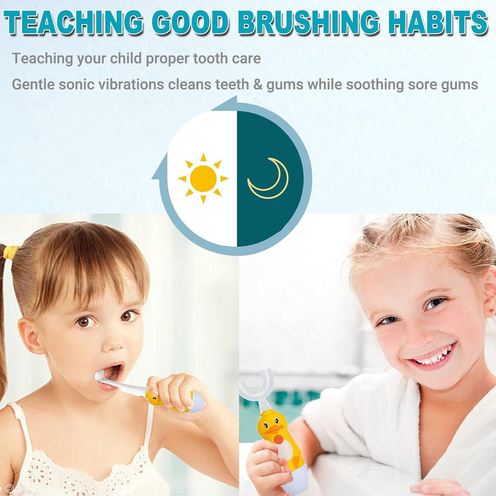 Kids U-Shaped Electric Toothbrush, Automatic Massage Toothbrush with U-Type, Cartoon Modeling Toothbrush with Three Types of Brush Heads,Battery Operated,Small for 2-6 Years,Yellow,1 Pack