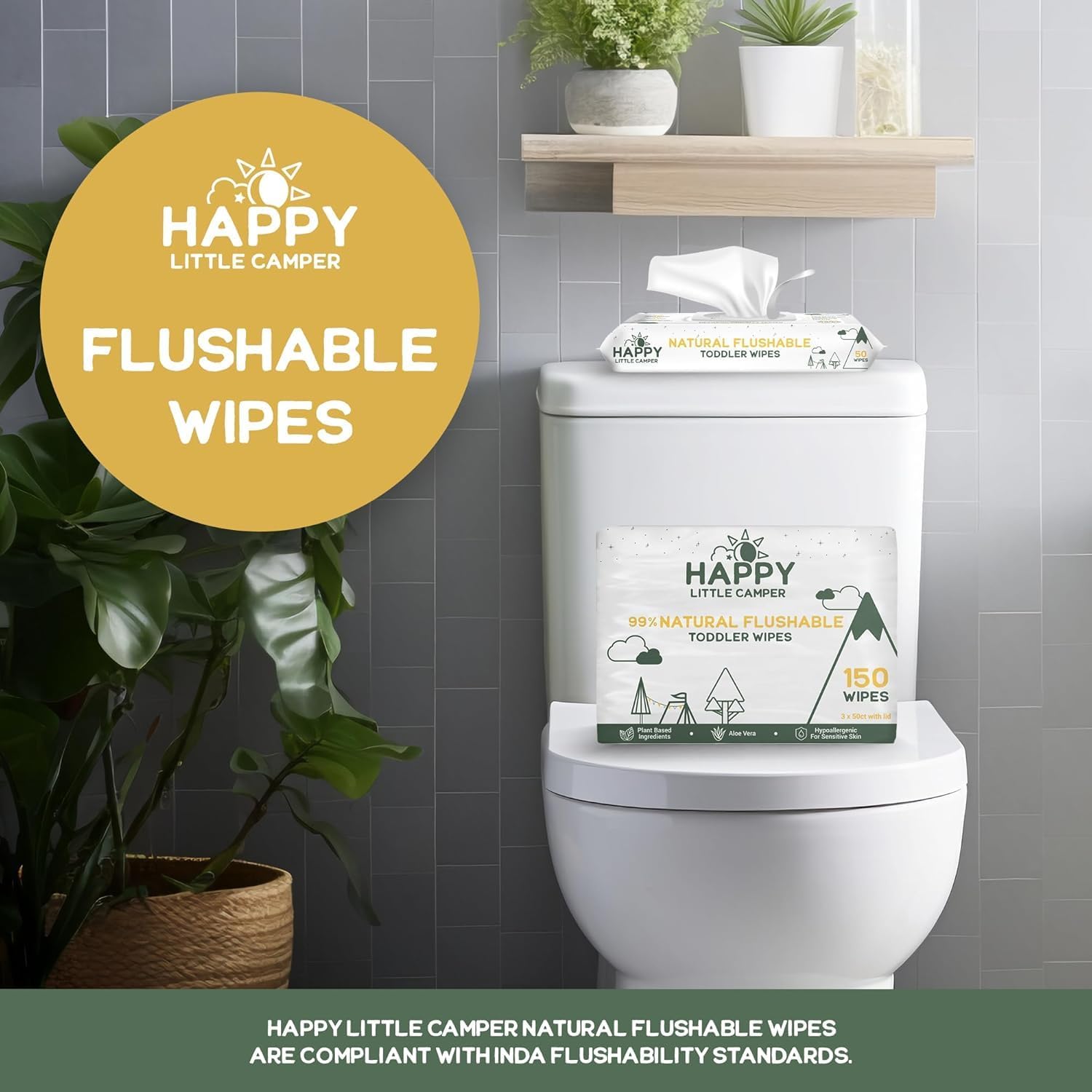 Happy Little Camper Natural Flushable Wipes - Hypoallergenic Wet Wipes with Aloe Vera, Chamomile and Pomegranate Extract - Unscented Baby Wipes Safe for Sensitive Skin - 600 Count