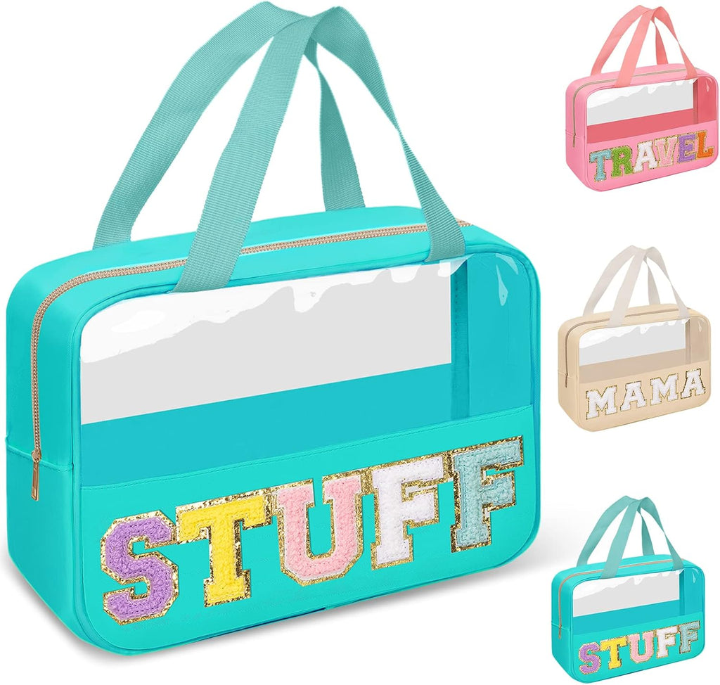 Preppy Clear Stuff Makeup Bags with Chenille Letter Patches, Travel Essentials Large Clear Make up Bag Zipper Pouch with Handle, Waterproof Nylon Cosmetic Toiletry Storage Tote for Women (STUFF-Green)
