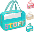 Preppy Clear Stuff Makeup Bags with Chenille Letter Patches, Travel Essentials Large Clear Make up Bag Zipper Pouch with Handle, Waterproof Nylon Cosmetic Toiletry Storage Tote for Women (STUFF-Green)