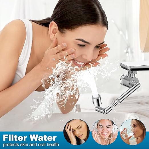 1440º Sink Water Filter Faucet Extender Telescopic, Splash-proof Sink Faucet Extender with Filter, Reduce 99% Chlorine, 2 Modes Spray Attachment for Kitchen/Bathroom/Toddlers, 8Pcs Replacement Filter