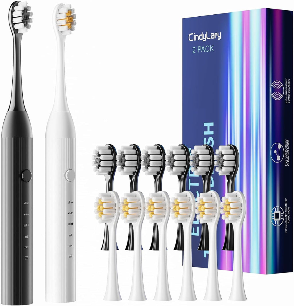 2 Pack Electric Toothbrush for Adults and Kids - Rechargeable Kids Ages 12+ and Adults with 12 Brush Heads & 2 Electric Toothbrush, 90 Days Battery Life - Black and White