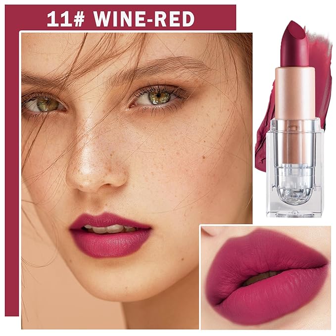 Matte Nude Lipstick Velvet Lip Gloss Non-Fading Non-Sticky Cup Nude Lipstick Matte Lip Stain Long Lasting Waterproof Lipstick for Women Girls Daily Lip Makeup-611 Wine Red