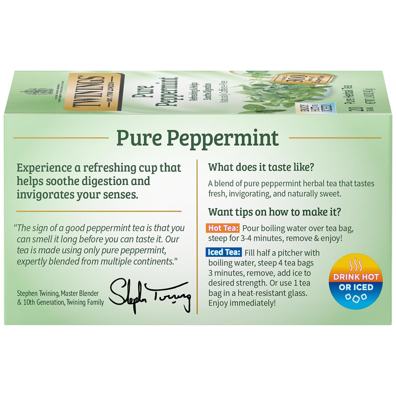 Twinings Pure Peppermint Herbal Tea Individually Wrapped Bags, 20 Count (Pack of 1), Fresh Minty Flavour, Naturally Caffeine-Free, Enjoy Hot or Iced, 20 Teabags