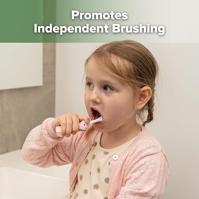 haakaa Dinosaur Toothbrush for Kids 2-4 – Soft Bristles Baby Toothbrush with Silicone Handle, Non-Slip Grip & Tongue Cleaner | BPA-Free, Fun Training for Toddlers - Pink, 1 Count