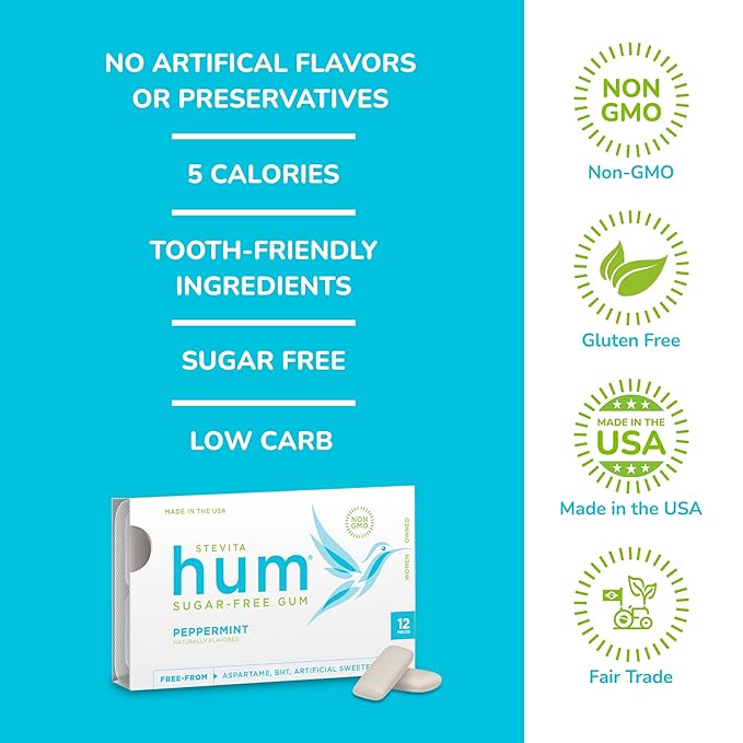 Stevita Hum, Peppermint - Sugar-Free Gum - 12 Pieces, Pack of 12 - Supports Oral Health - Non-GMO, Vegetarian, Keto, Gluten Free (Package may vary)