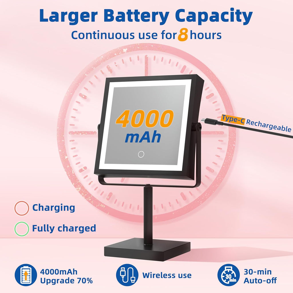 Ruacq Vanity Mirror with Lights, Height & Brightness Adjustable, Rechargeable 4000mAh Lighted Makeup Mirror with Magnification 1X/10X, 3 Color Lights & 360° Rotation (Matte Black-Table)