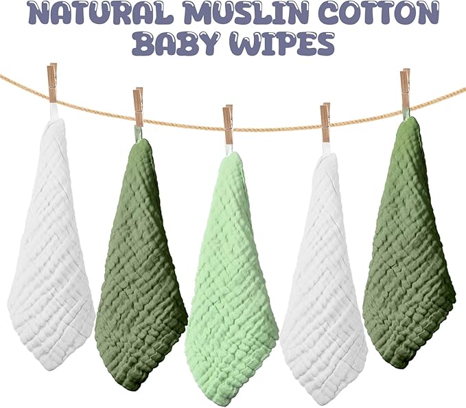 Breling 20 Pcs Baby Muslin Washcloth 12 x 12 Inch 100% Cotton Soft and Absorbent Muslin Washcloth Burp Cloth Wipe Newborn Face Towel for Baby Boy Girl Sensitive Skin(White, Light Green, Green)