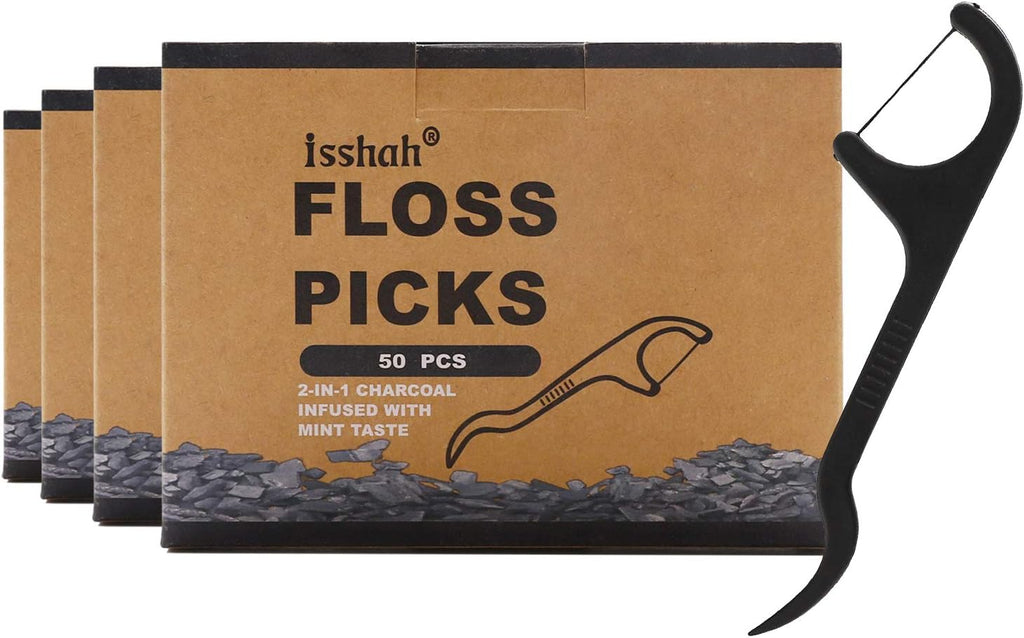 Natural Dental Floss Picks - 200 Count - PETA Approved, BPA Free, Vegan, Sustainable, Eco Friendly, Natural Dental Flossers by Isshah (Charcoal)