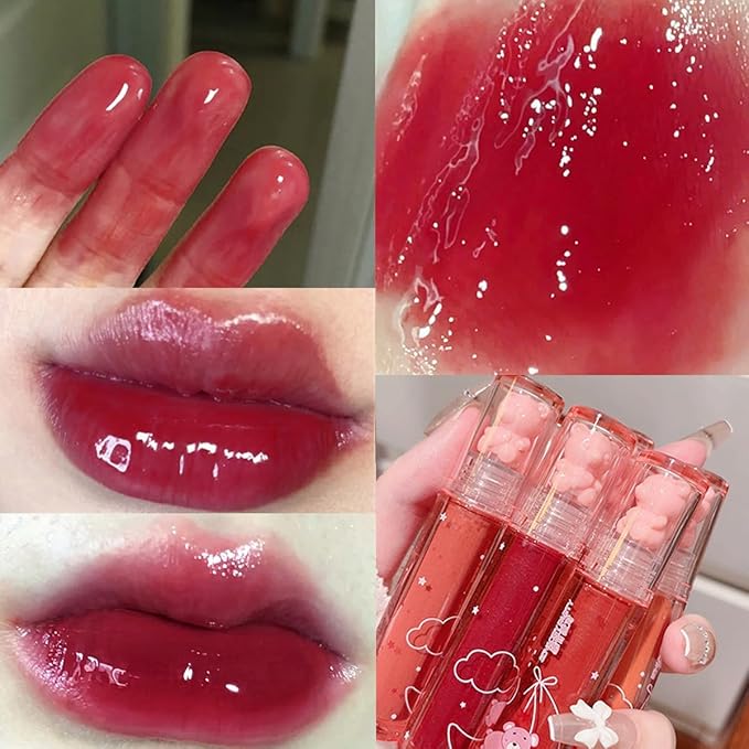 Yasovigi 6pcs Jelly Lip Gloss Bear Lip Stain Moisturizing Watery Lipstick Waterproof Long Lasting Cheek Cosmetics Beauty Lip Tint Makeup