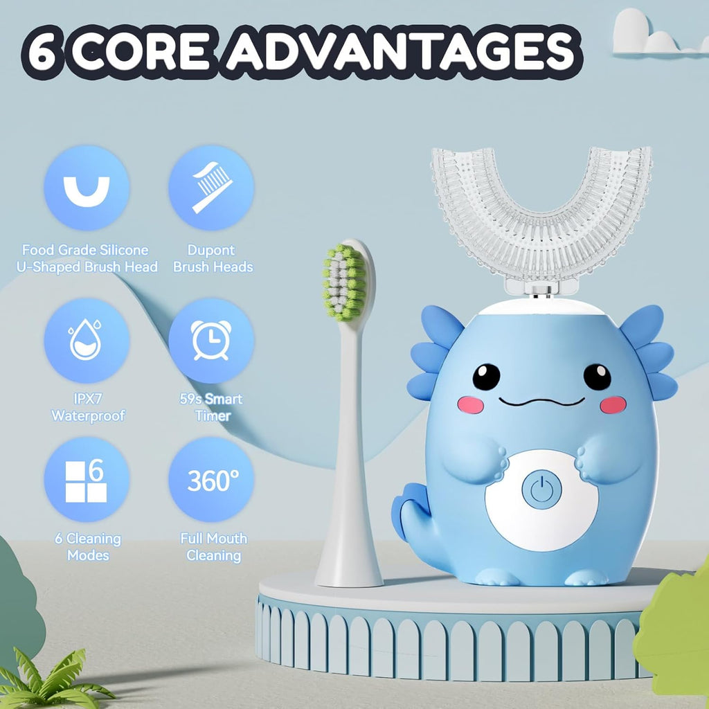 Kids Electric U Shaped Toothbrush - Axolotl Kids Sonic Toothbrush with 6 Brush Head Automatic Rechargeable 6 Cleaning Modes Full Mouth Cleaning-Blue