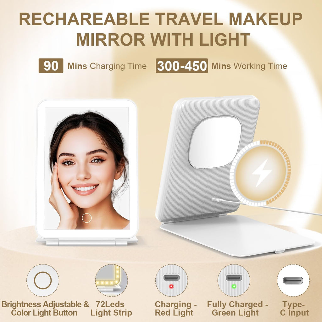 Mocado LED Foldable Travel Makeup Mirror - 5x7 inches 3 Colors Light Modes USB Rechargeable Touch Screen, Portable Tabletop Cosmetic Mirror for Travel, Cosmetic, Office (White)