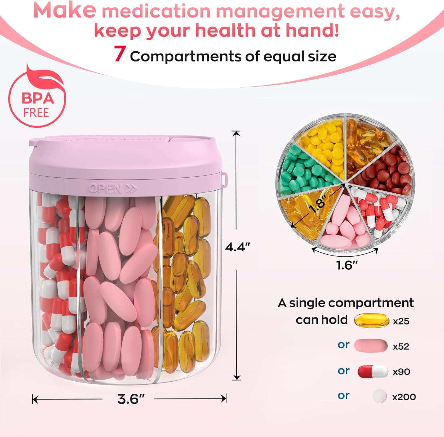 Pill Dispenser with 7 Large Compartments, Pill Organizer for Travel with Anti-Mixing Design, BPA-Free Pill Container with 20 Pcs Labels, Pink