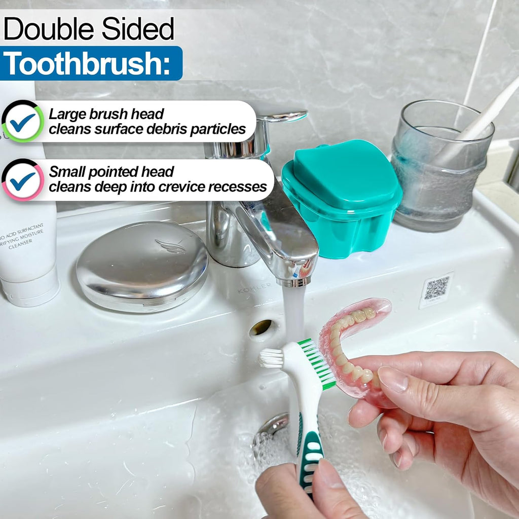 2 Pack Partial Denture Bath Case Retainer Cleaning Case Travel, Denture Storage Container False Teeth Case Denture Cups for Soaking Full Dentures, Braces, Mouth Guard - Lake Green & White