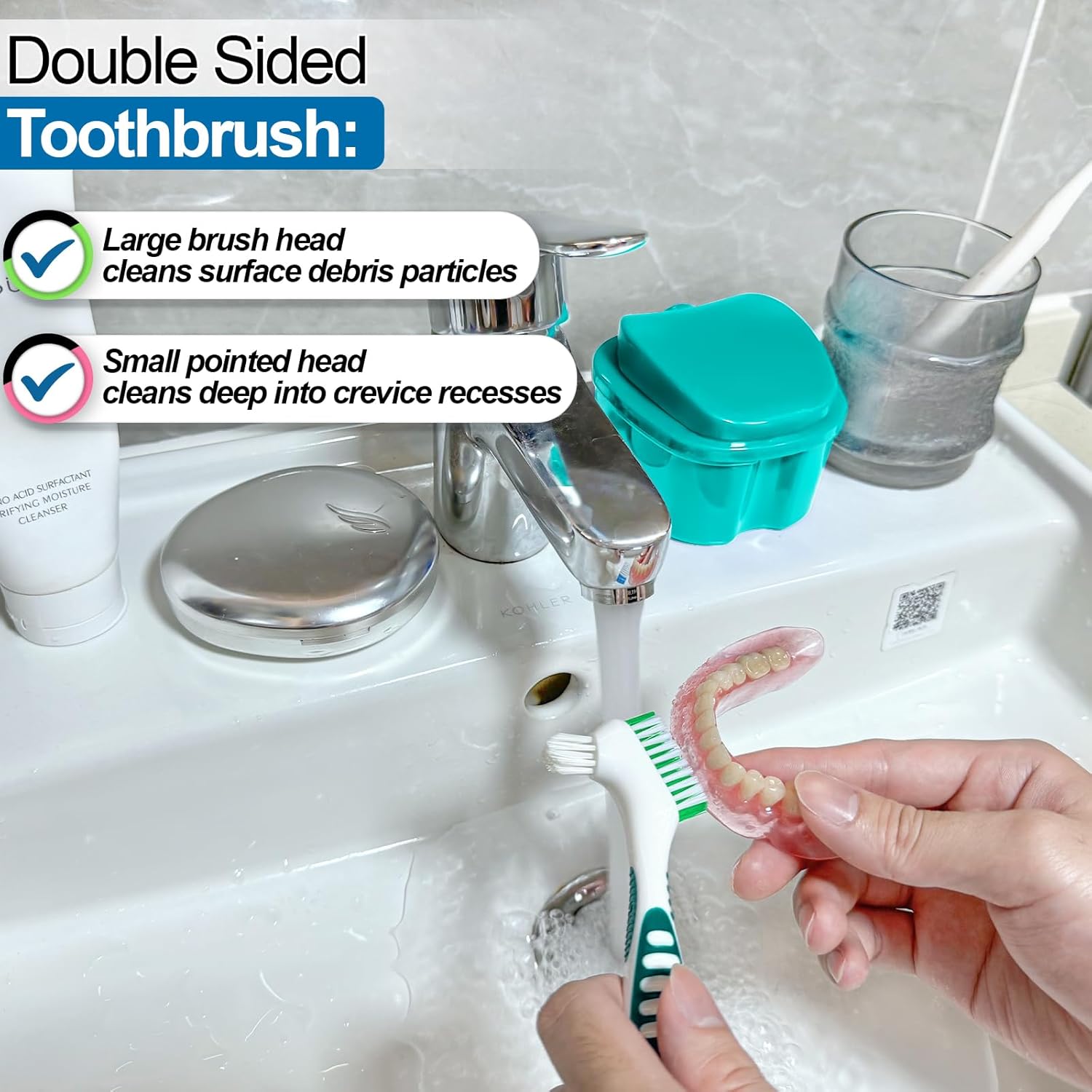 2 Pack Partial Denture Bath Case Retainer Cleaning Case Travel, Denture Storage Container False Teeth Case Denture Cups for Soaking Full Dentures, Braces, Mouth Guard - Lake Green & White