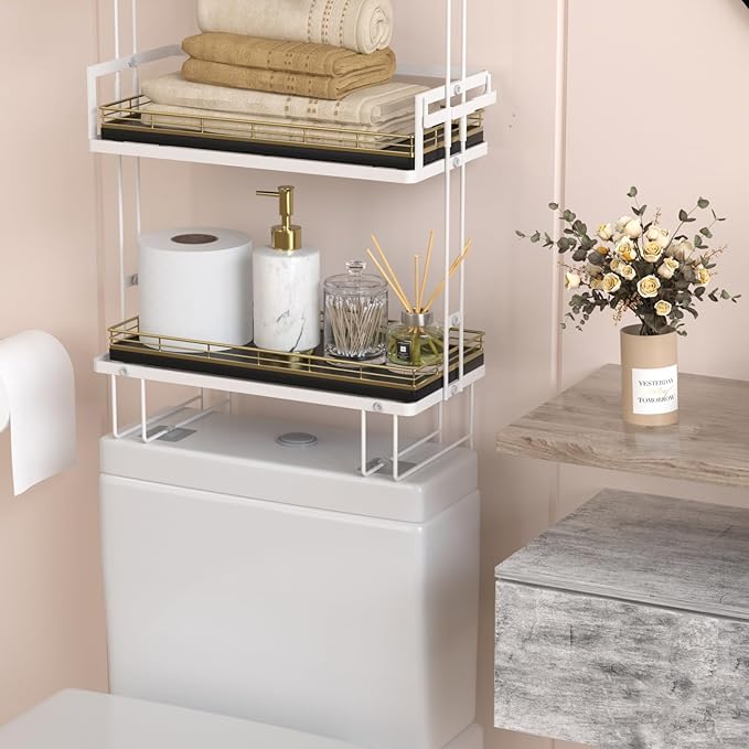 Oak Bathroom Toilet Tank Tray, 13" Paper Storage Basket Tray Back of Toilet Basket Organizer, for Perfume Makeup Candle Kitchen Counter Coffee Table Gold Decor