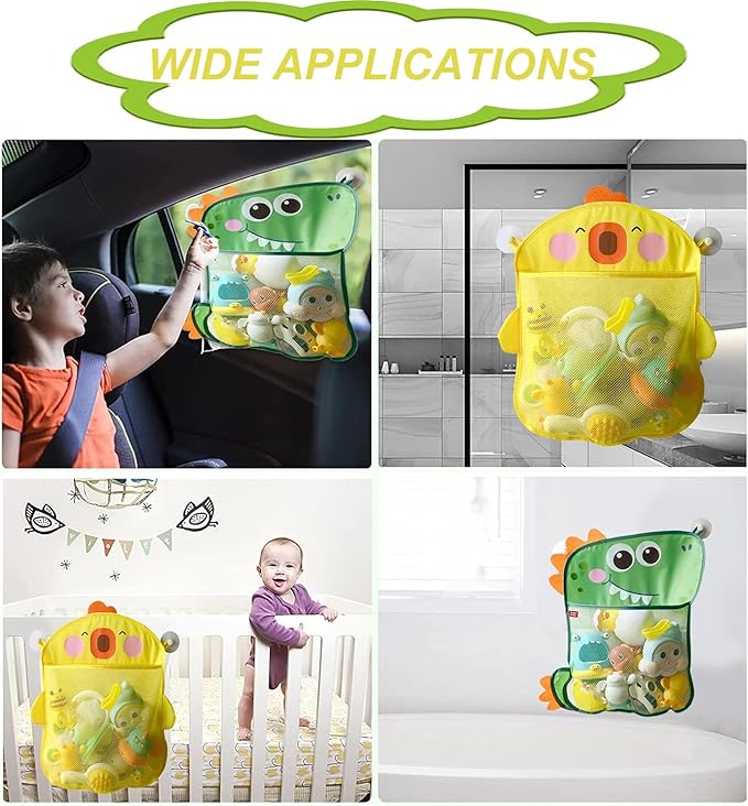 2 Pack Mesh Bath Toy Organizer, Anberky Cute Duck & Dinosaur Bath Toy Storage Net Bathtub Toy Organizer, Perfect Bathroom Hanging Storage Bag Quick Dry Bath Toy Holder Bag with 8 Strong Hooks (#A)