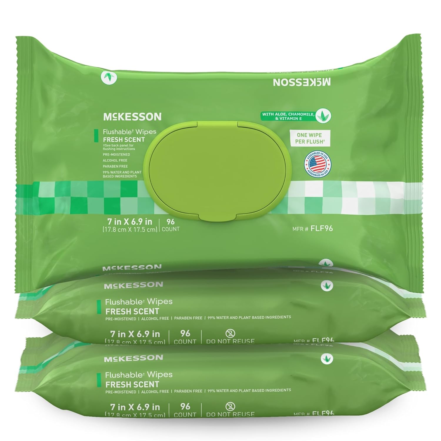 McKesson Flushable* Adult Wet Wipes – 288 Wipes (3 Pack of 96) – Aloe & Vitamin E, Plant-Based Cleansing Wipes, Scented