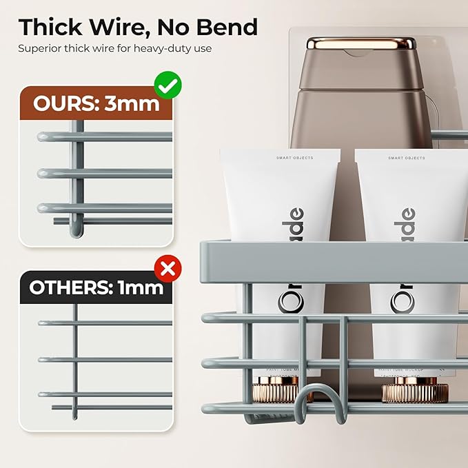 Orimade Adhesive Shower Caddy Soap Dish Holder Shelf with 5 Hooks Bathroom Organizer Basket Kitchen Storage Rack Wall Mounted No Drilling Stainless Steel - 3 Pack, Light Blue Grey