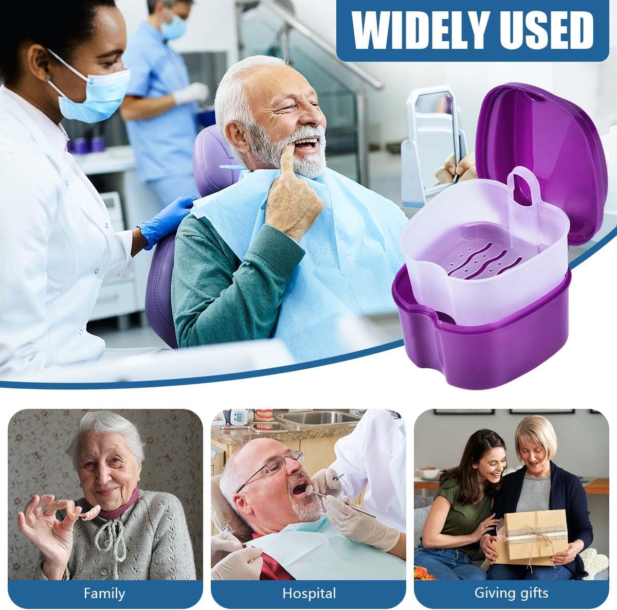 Purple Denture Bath Case Cup Box Holder Storage Soak Container with Strainer Basket for Travel Cleaning