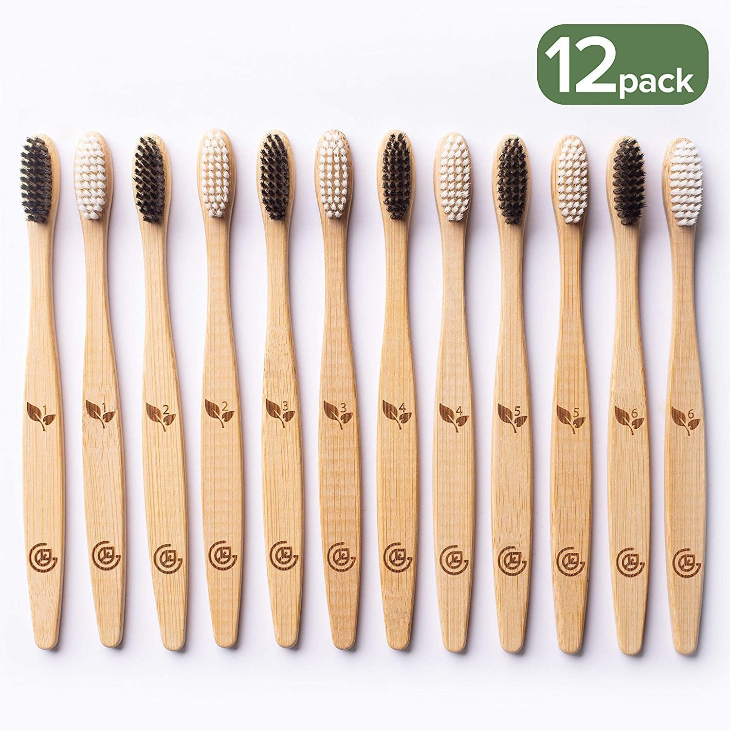 Greenzla Bamboo Toothbrushes for Adults – 12 Pack Wooden Toothbrush Set with Charcoal-Infused Soft Bristles, Natural Oral Care for Daily Use
