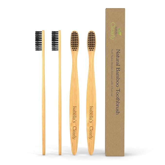 Clearly Bamboo Toothbrush Set | Extra Soft Charcoal Infused Bristles, Eco Biodegradable Wood, BPA Free Vegan Nylon | Great for Teeth Whitening, Sensitive Gums, Adults, Kids (Family Pack of 4)