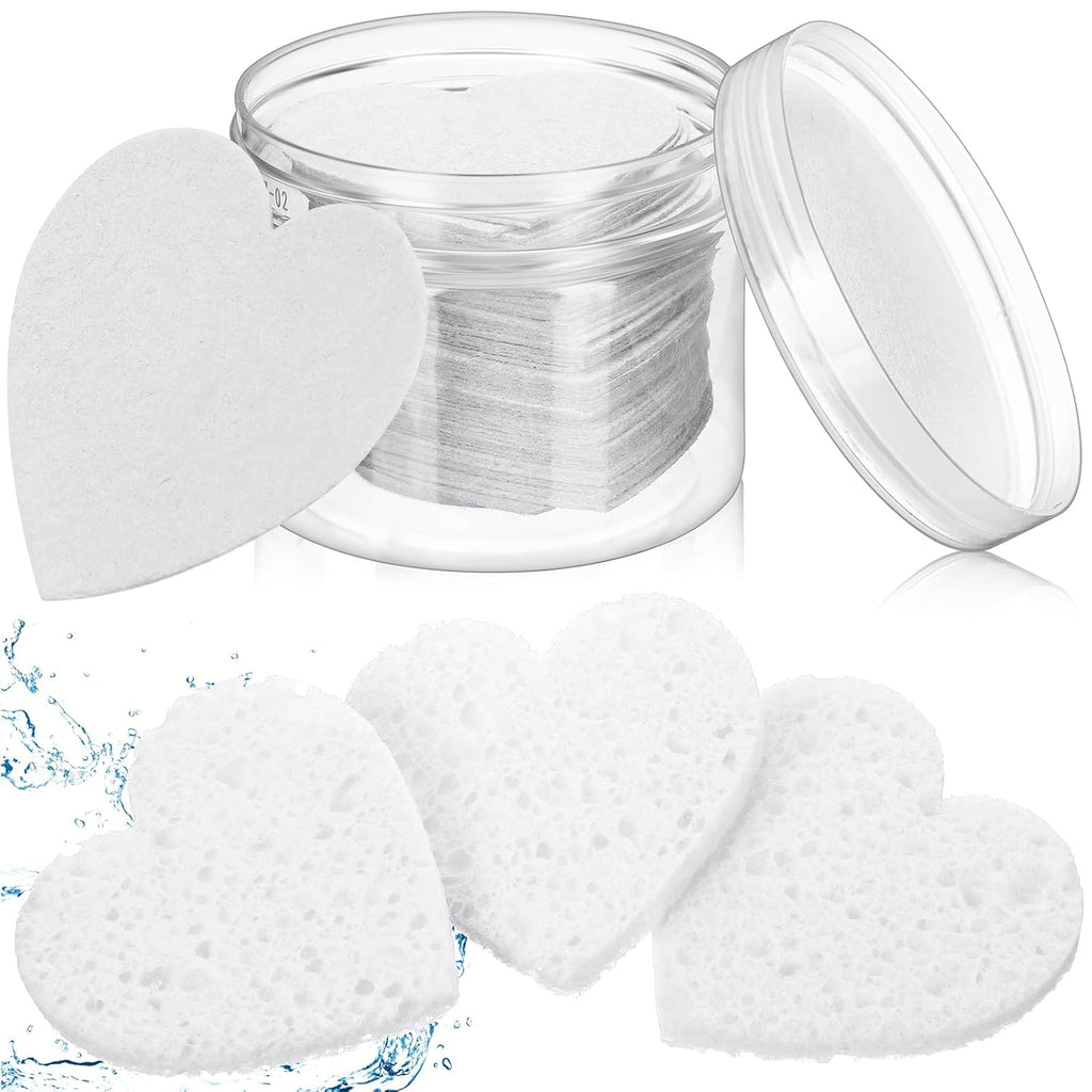 Nuenen 60 Pieces Facial Sponges with Container, Heart Shape Compressed Face Sponges Natural Cleaning Pads for Washing Face Cleaning Exfoliating Esthetician Makeup Removal(White)
