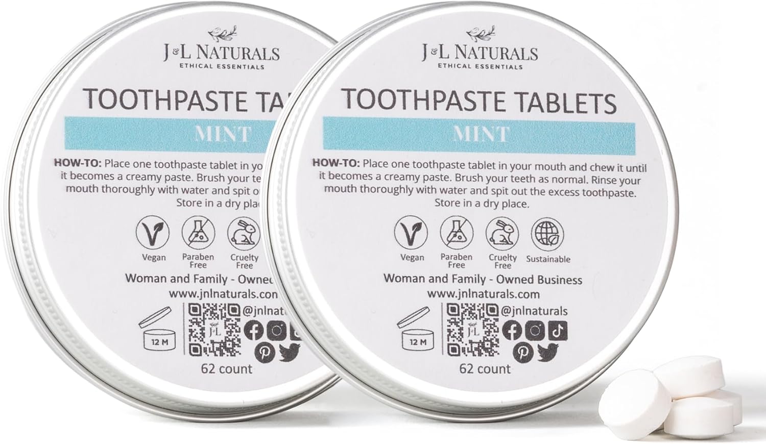 J&L Naturals Toothpaste Tablets | 62-Pack Travel-Friendly Toothpaste | Fluoride + Plastic Free, Vegan, Cruelty Free, Sustainable | Woman-Owned Small Business (Mint, 62 Count (Pack of 2))