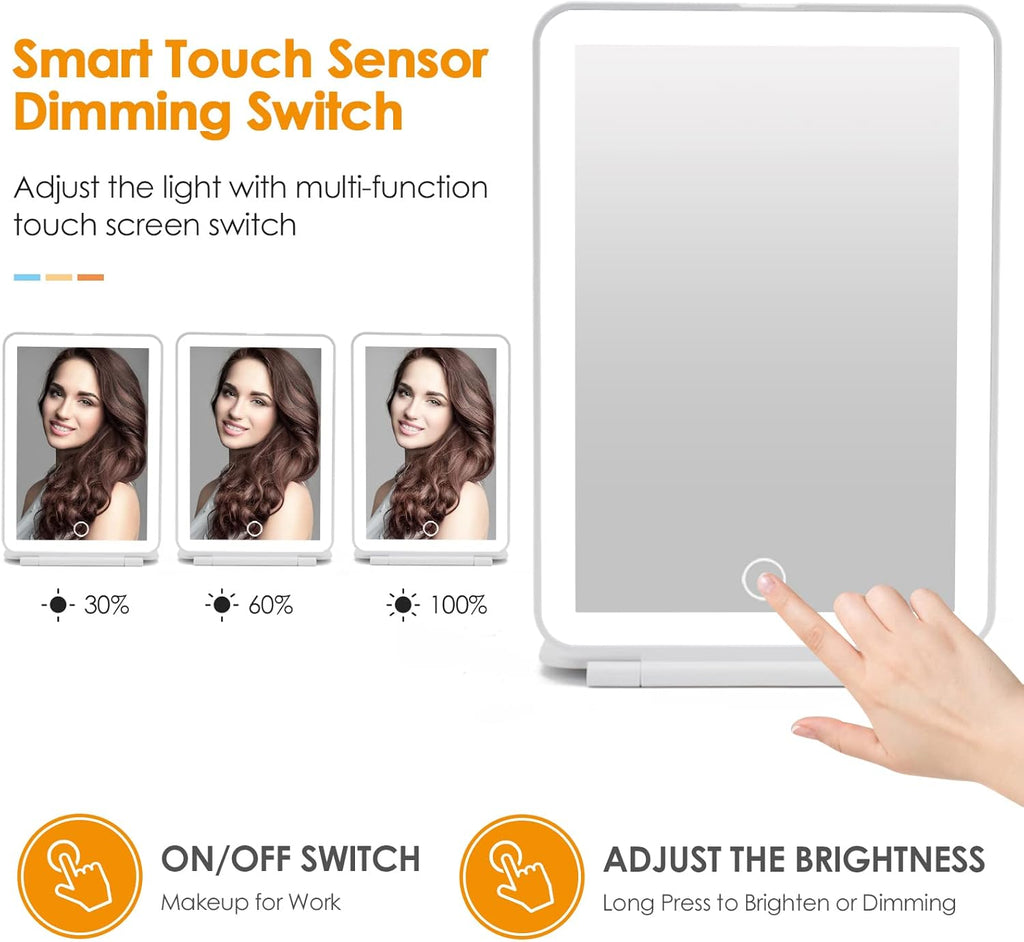 Rechargeable Travel Makeup Mirror 72 LED Lighted Compact Slim Vanity with Lights 3 Lighting Modes Dimmable Touch Screen (White),(DenCert)