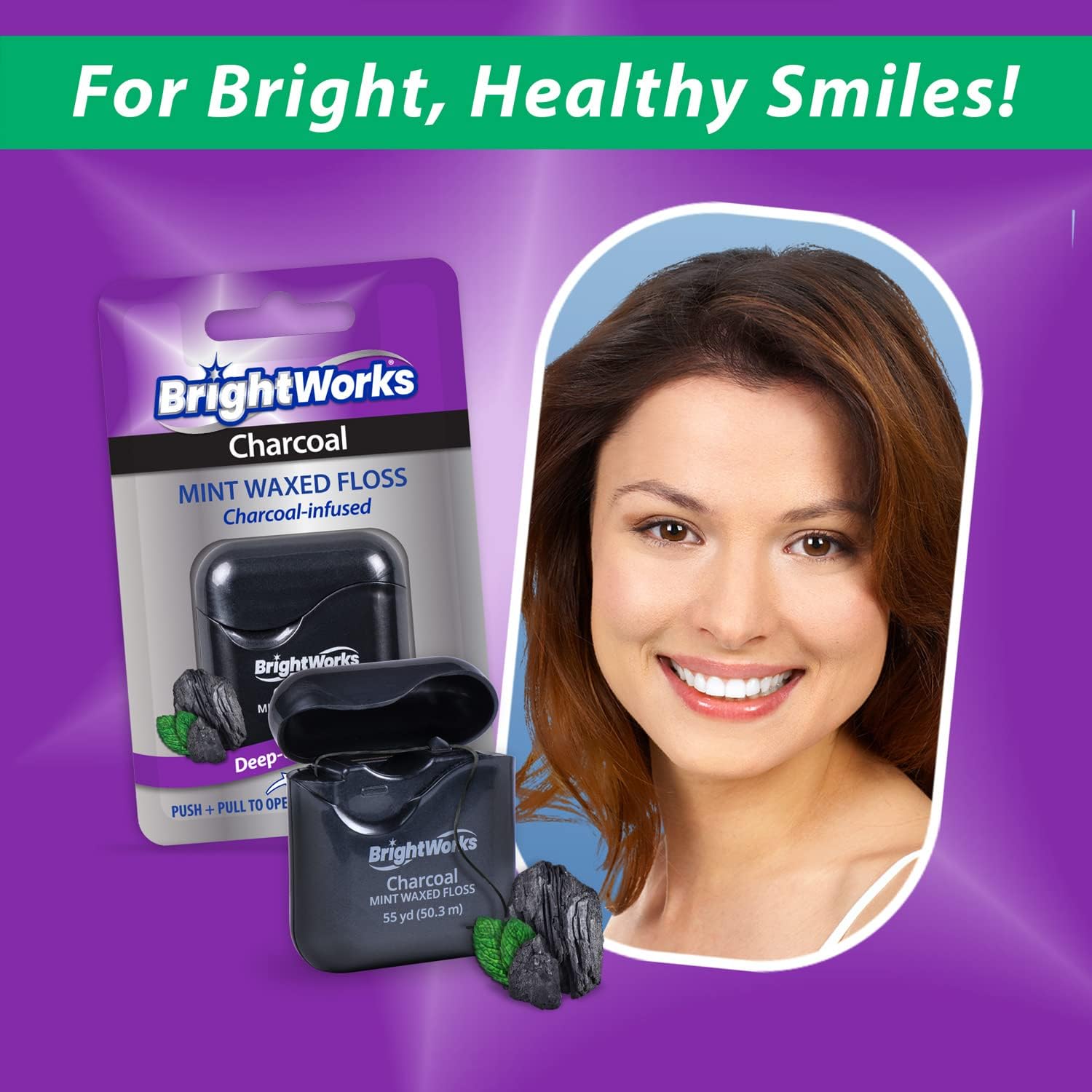 BrightWorks Activated Charcoal Dental Floss - 55 Yards (Pack of 4) - Infused Waxed with Natural Fresh Mint Flavor for Oral Care, Dental Hygiene, and Gum Health