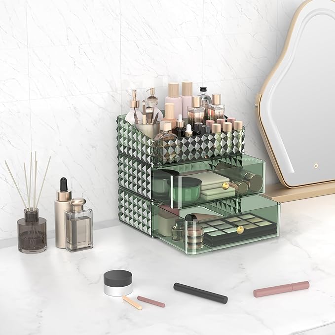 Makeup Organizer for Vanity, Stackable Cosmetics Organizer and Storage, Cosmetic Display Cases with 2 Drawers and 1 Tray for Makeup Brush, Hair Accessories, Lipstick and Jewelry, Green