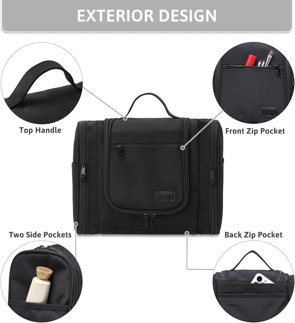 Pearl Angeli Hanging Toiletry Bag for Women, Large Makeup Cosmetic Bag, Water Resistant Toiletries Travel Essentials Organizer, Full-size Container, Black