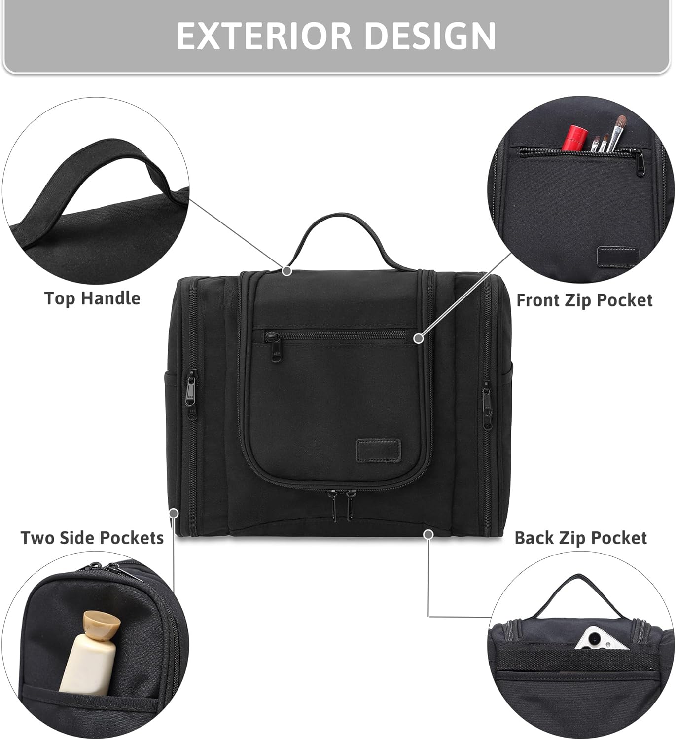 Pearl Angeli Hanging Toiletry Bag for Women, Large Makeup Cosmetic Bag, Water Resistant Toiletries Travel Essentials Organizer, Full-size Container, Black