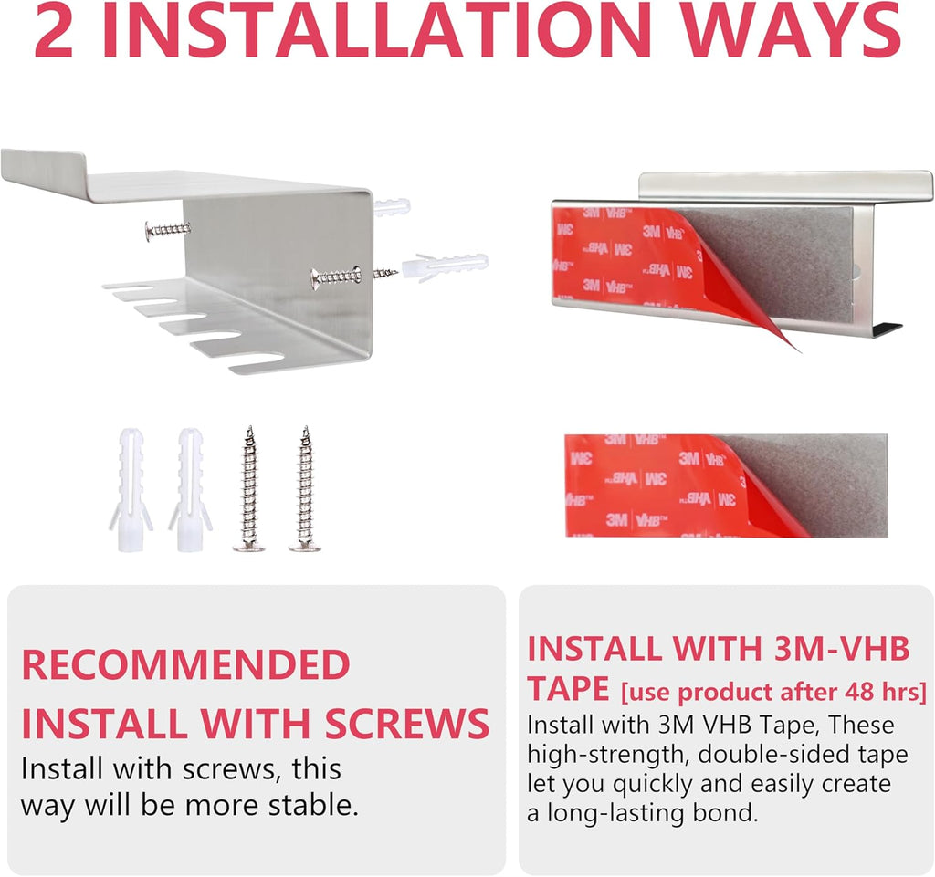 Stainless Steel Toothbrush Holder Wall Mounted - No Drill Bathroom Organizer with 3M Adhesive & Screws, 5-Slot Razor & Electric Toothbrush Holder, Rustproof for Wet Spaces (Silver, 18/8 304 Grade)