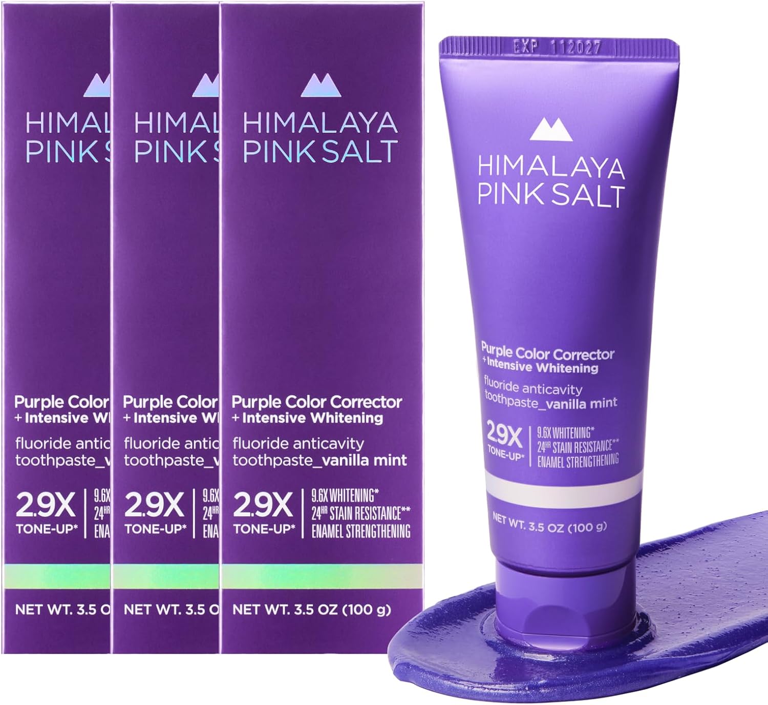 HIMALAYA PINKSALT Purple Whitening Toothpaste - Teeth Whitening, Deep Stain Remover with Fluoride, Plaque Remover, Appropriate for Sensitive Teeth, Peroxide Free - Vanilla Mint, 3.5 oz (3 Packs)