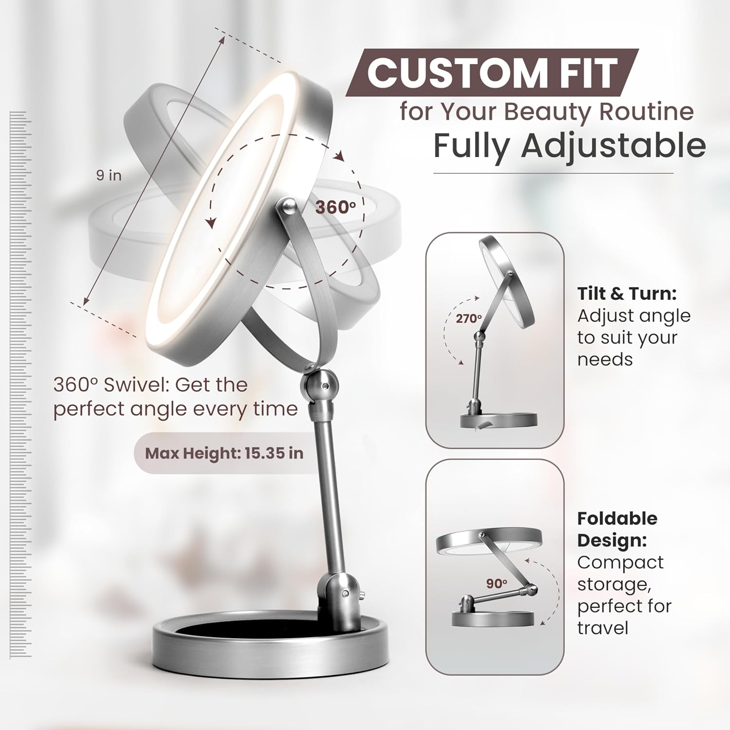 Smart 9" LED Light Makeup Mirror, Rechargeable, 1X/10X Magnifying Vanity Mirror with 3 Color Lights, Height Adjustable, Large Tall 360° Swivel Double Sided Standing Travel Mirror (Nickel)