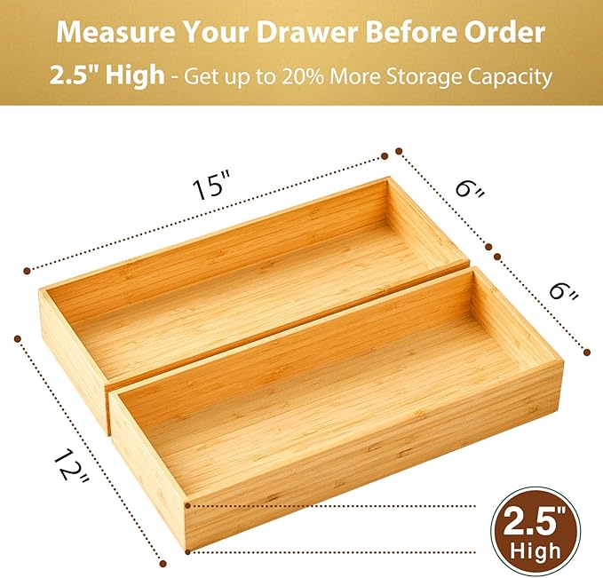 Umilife Bamboo Kitchen Utensils Organizer, Extra High Silverware Drawer Tray, Flatware Cutlery Storage Box, Multi-Use Holder in Office, Bathroom, Pantry - 15"x6"x2.5" (Set of 2)