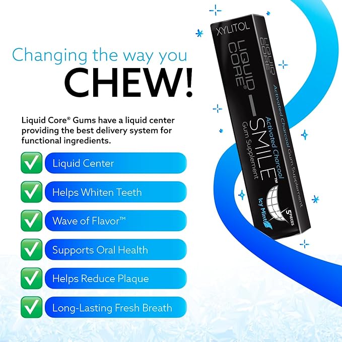 Liquid Core Smile Activated Charcoal Gum with MCT Oil, Hydroxyapatite, and Xylitol – Teeth Cleaning Gum, Icy Mint Sugar-Free Gum (15 Pack)