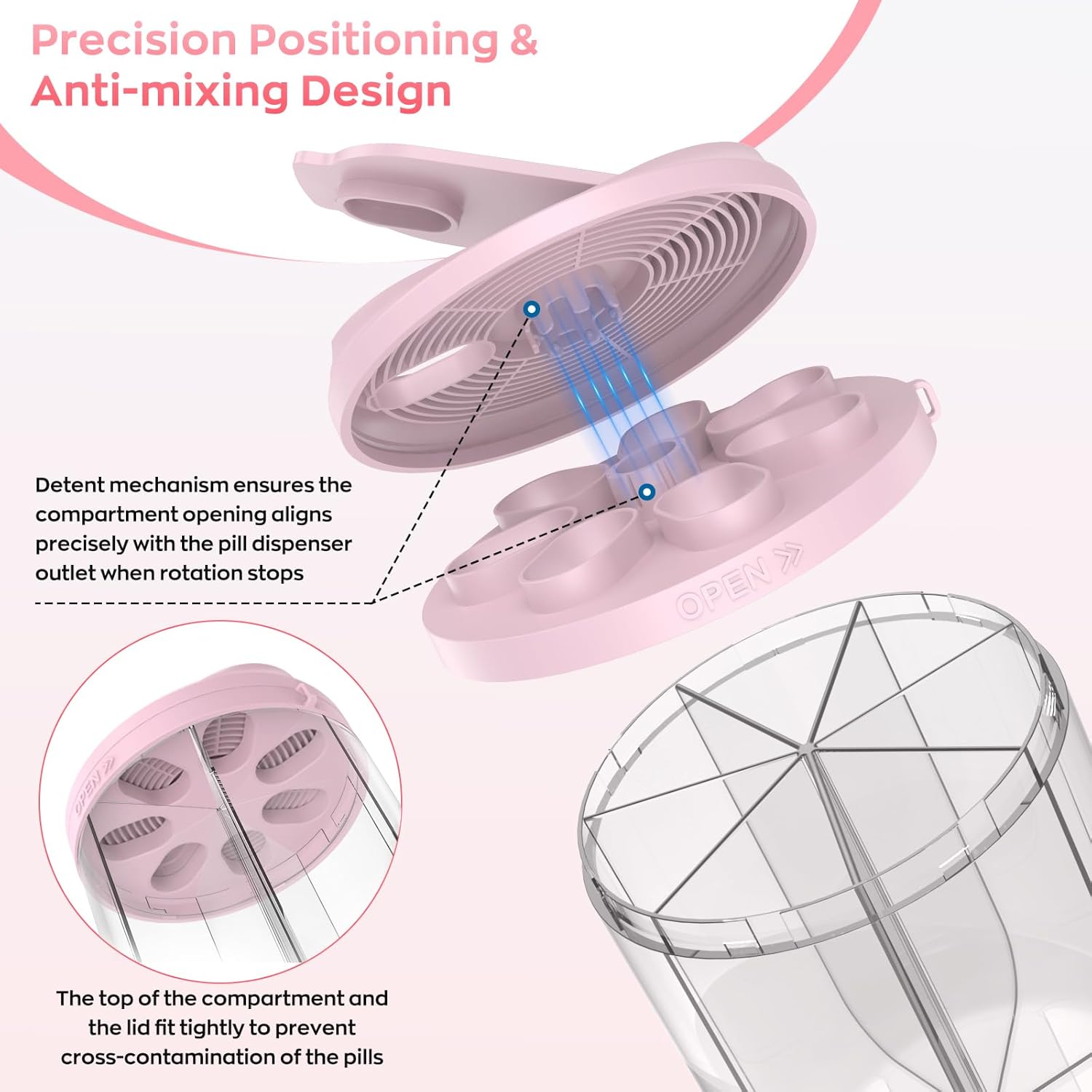 Pill Dispenser with 7 Large Compartments, Pill Organizer for Travel with Anti-Mixing Design, BPA-Free Pill Container with 20 Pcs Labels, Pink