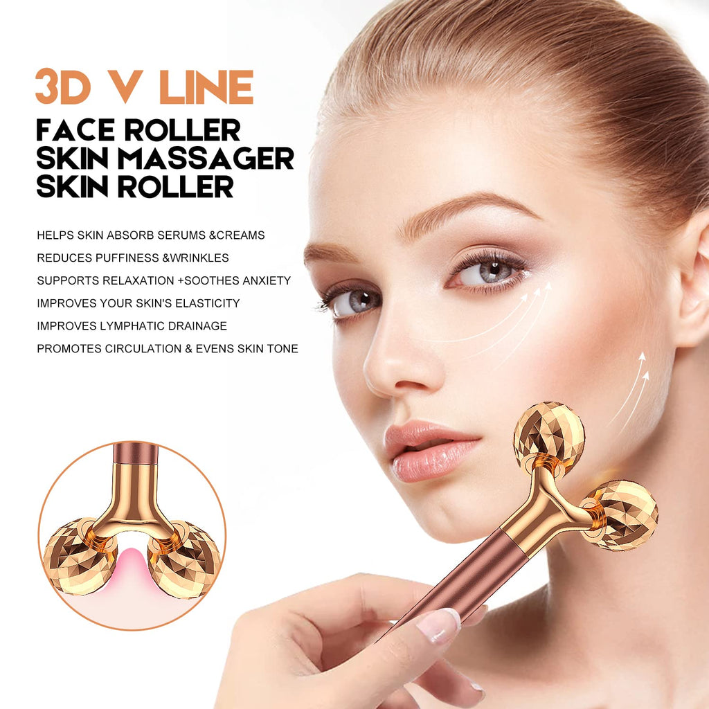 2-IN-1 Beauty Bar 24k Golden Pulse Facial Face Massager, Electric 3D Roller and T Shape Arm Eye Nose Head Massager Facial Roller Massager Kit Skin Care Tools