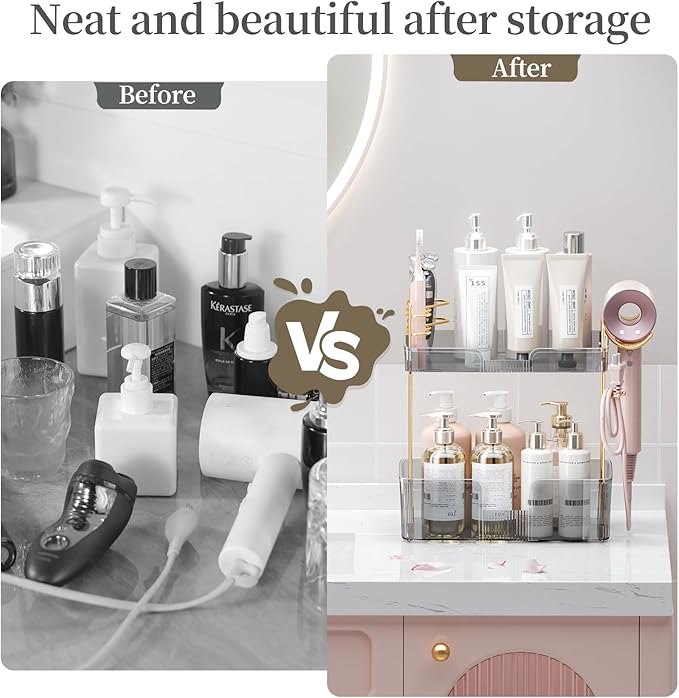 2 Tier Bathroom Counter Organizer with Hair Dryer Holder, Modern Style, Grey