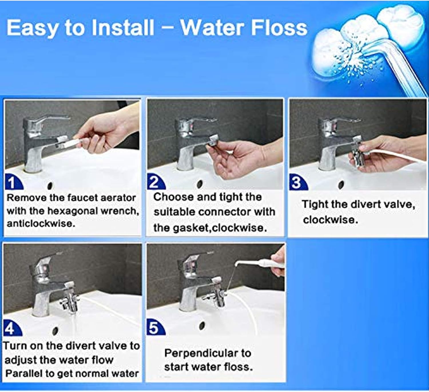 Water Dental Flosser for Family Use 5 Color Jet Tips for Faucet & Shower, Oral Irrigator Non-Electric Safety Water Pressure,Oral Care Tooth Cleaning. Energy Saving & Environmental Protection.