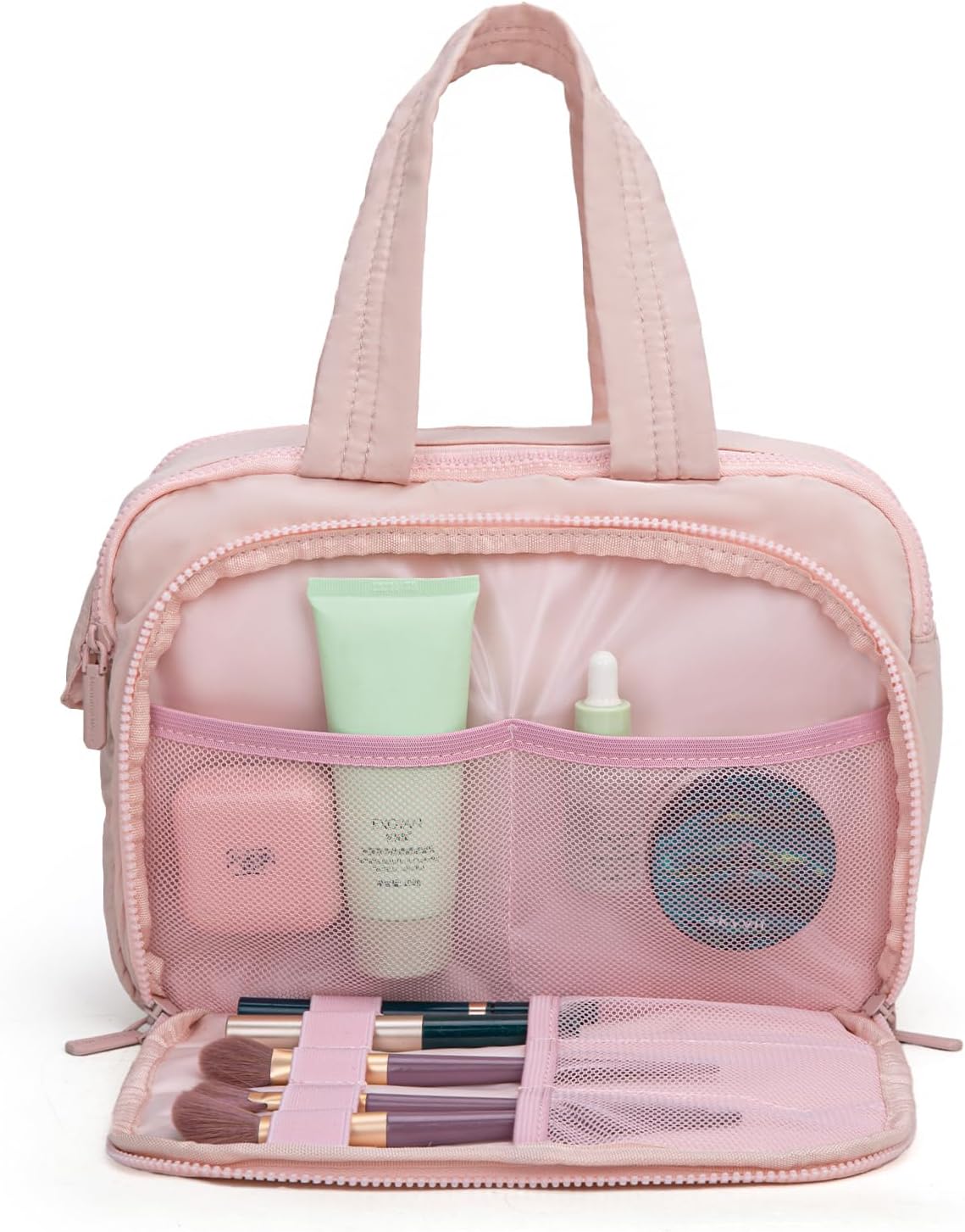 Montana West Travel Toiletry Bag Large Capacity Travel Bags Soft Pink Makeup Organizer Lightweight Puffy Cosmetic Bag with Waterproof Compartment