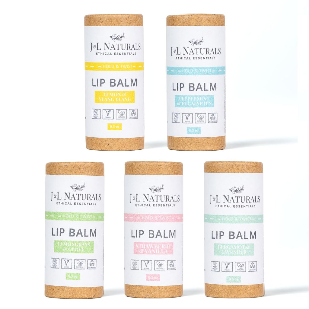 J&L Naturals Sustainable Lip Balm | Organic Ingredients, 100% Natural, Eco-Friendly | Cruelty Free, Vegan, Paraben Free, Silicone Free (Variety, 5-Piece Bundle)